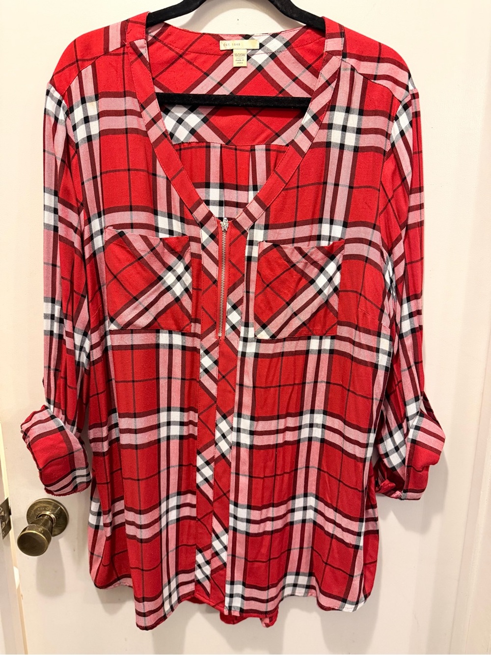 Women’s Red Plaid Zip-Front Blouse